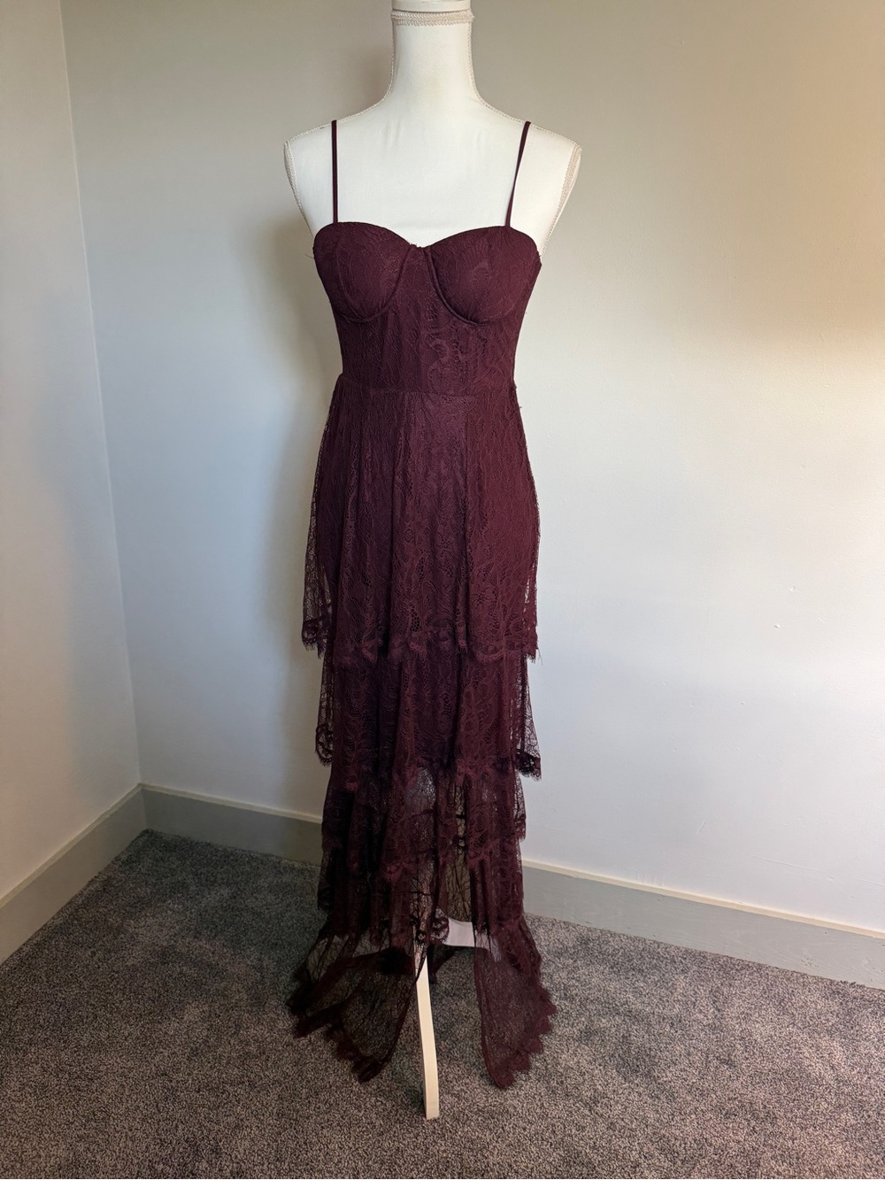 Altar'd State Burgundy Lace High-Low Tiered Maxi Dress